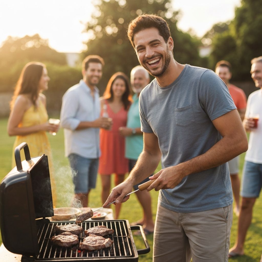 Familia feliz fazendo churrasco